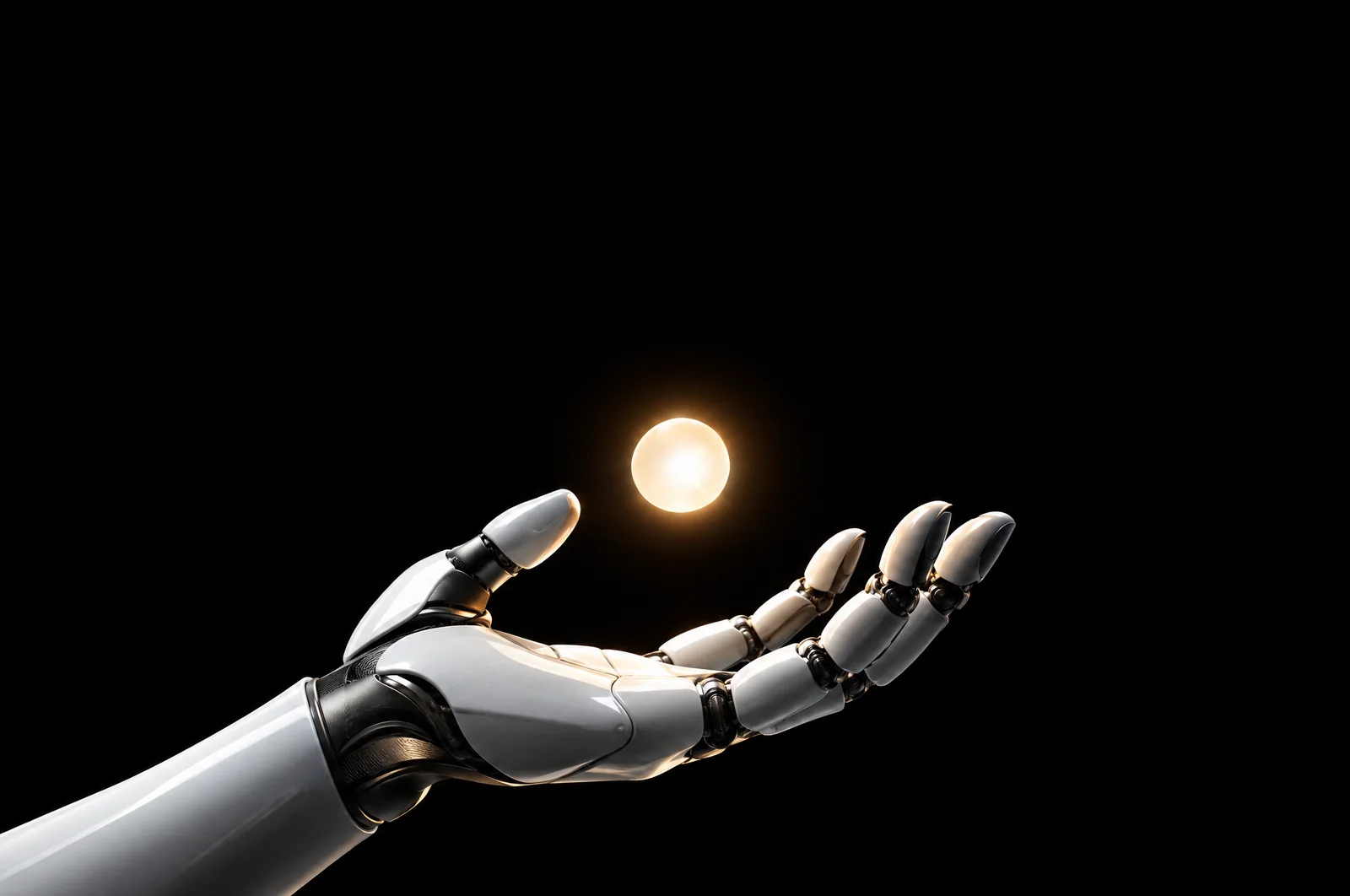A robotic hand holding a glowing glass sphere