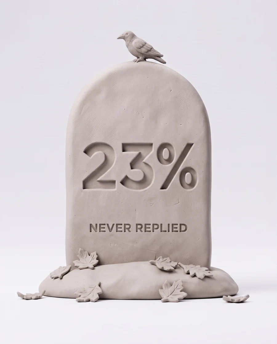A clay tombstone with a raven, engraved 23%, never replied