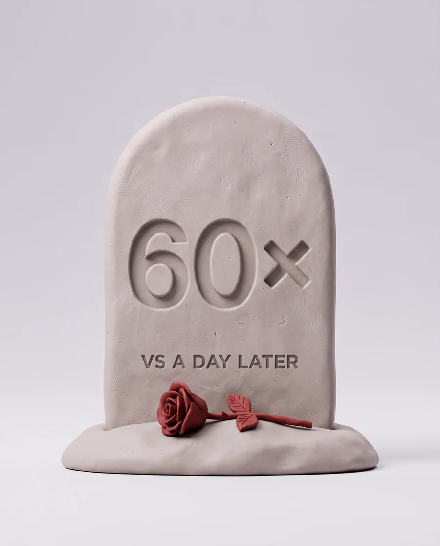 A clay tombstone with a rose, engraved 60×, versus replying a day later